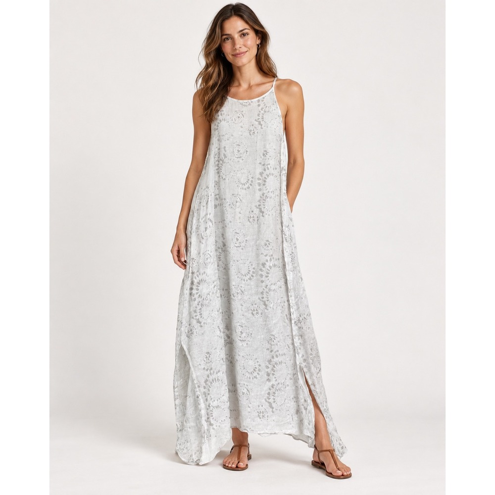 Lungo L'Arno Maxi Dress Womens Large White Floral Sleeveless Italian Linen Boho